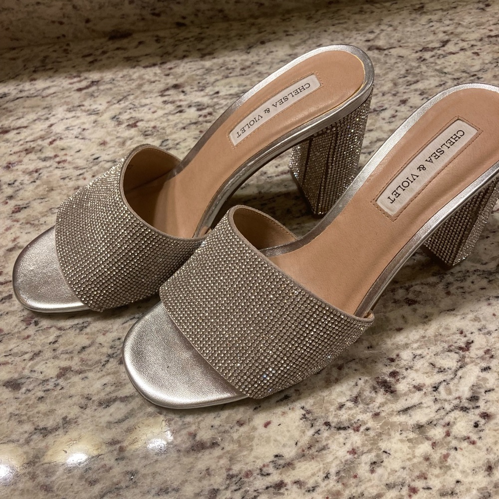 Chelsea & Violet Silver Rhinestone Block Heel Slides